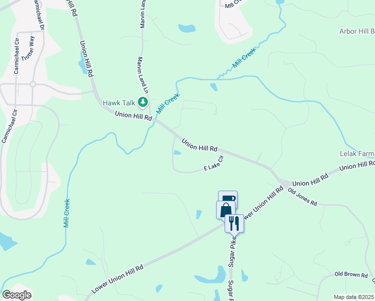map of restaurants, bars, coffee shops, grocery stores, and more near 6411 Union Hill Road in Canton
