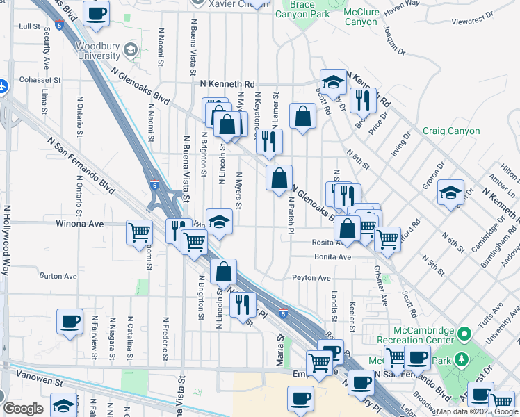 map of restaurants, bars, coffee shops, grocery stores, and more near 2324 North Keystone Street in Burbank