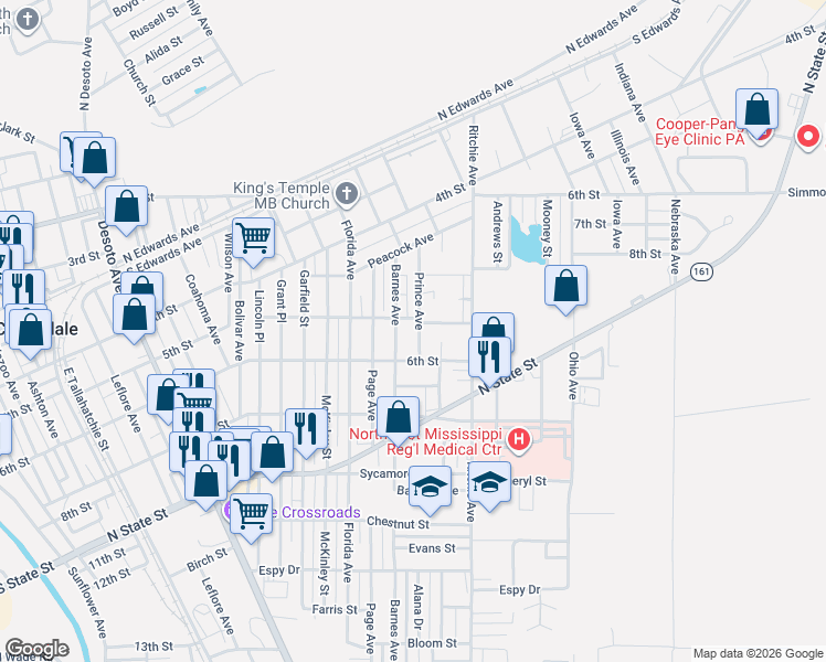map of restaurants, bars, coffee shops, grocery stores, and more near 518 Barnes Avenue in Clarksdale