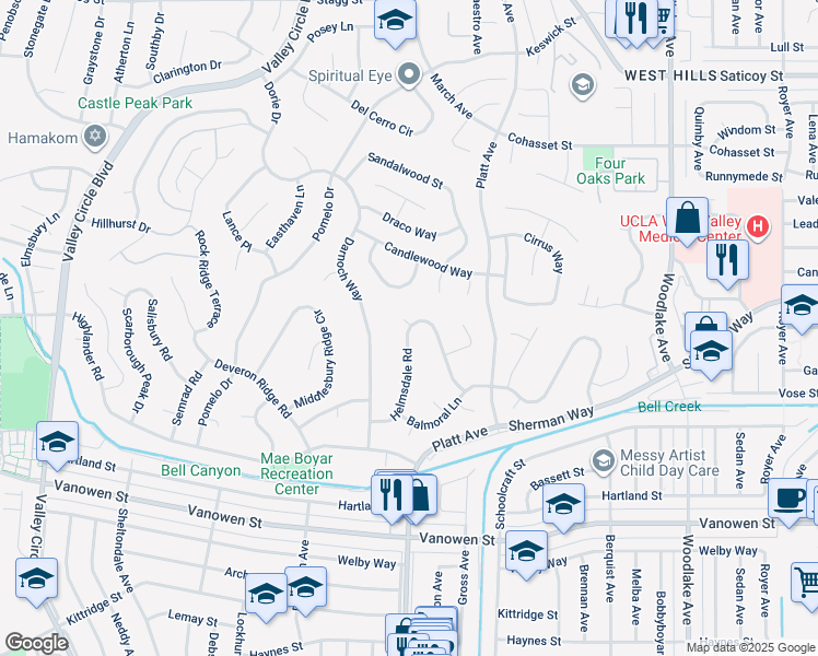 map of restaurants, bars, coffee shops, grocery stores, and more near 7153 Helmsdale Road in Los Angeles