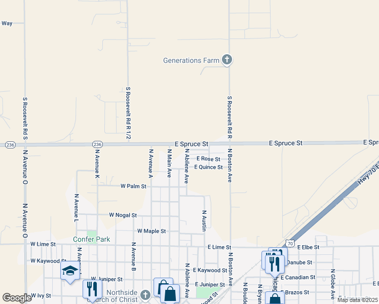 map of restaurants, bars, coffee shops, grocery stores, and more near 210 East Rose Lane in Portales