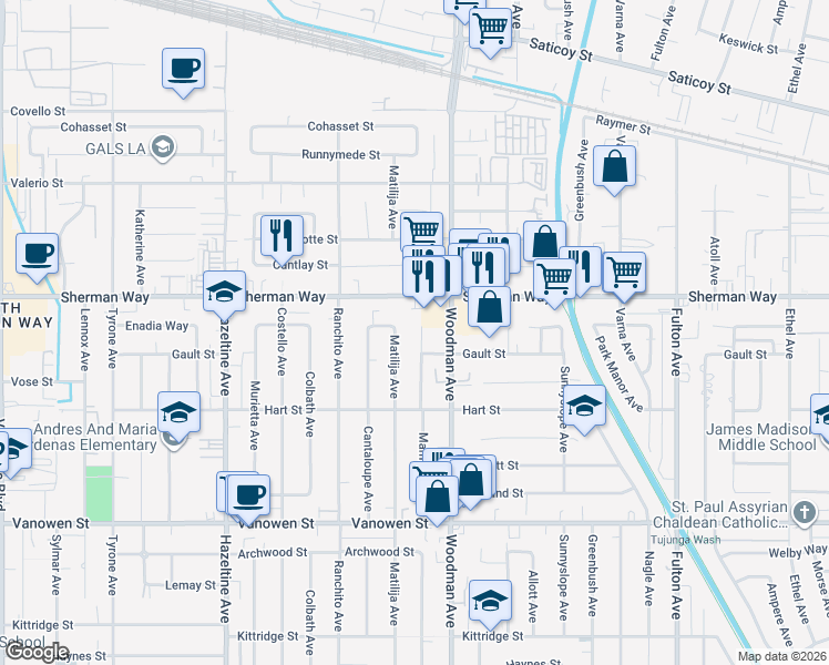 map of restaurants, bars, coffee shops, grocery stores, and more near 7123 Mammoth Avenue in Los Angeles