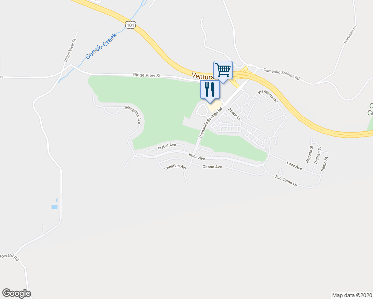 map of restaurants, bars, coffee shops, grocery stores, and more near 3 Isabel Avenue in Camarillo
