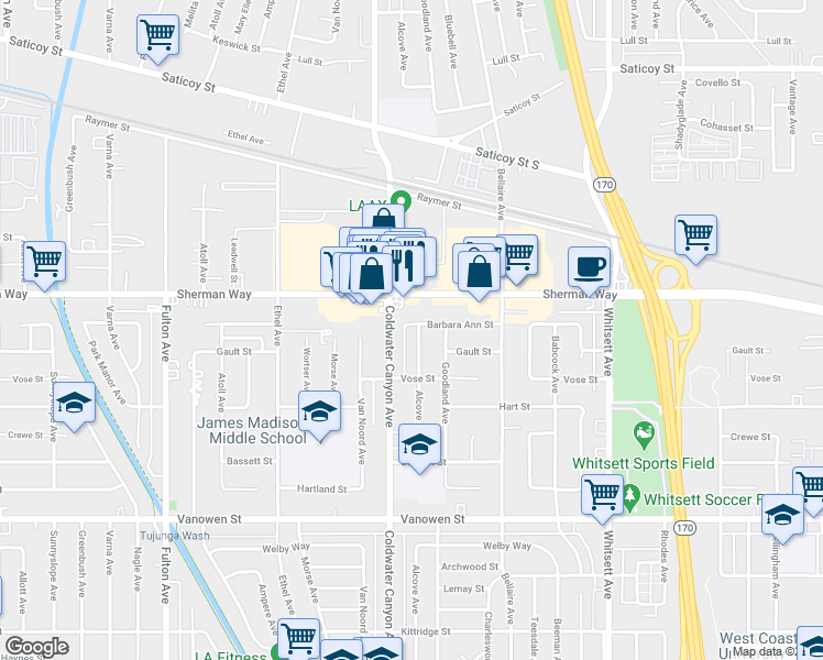 map of restaurants, bars, coffee shops, grocery stores, and more near 7127 Alcove Avenue in Los Angeles