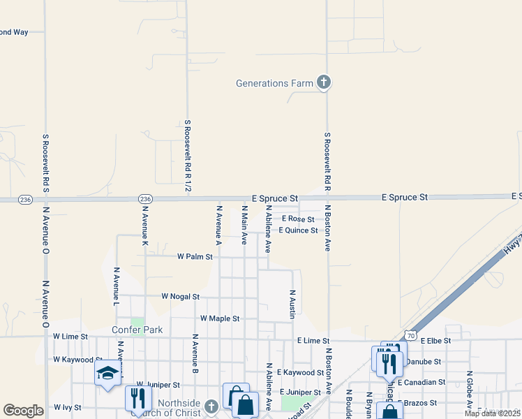 map of restaurants, bars, coffee shops, grocery stores, and more near 202 East Rose Lane in Portales