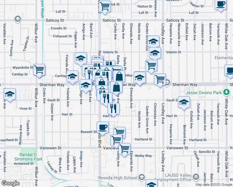 map of restaurants, bars, coffee shops, grocery stores, and more near 7125 Darby Avenue in Los Angeles