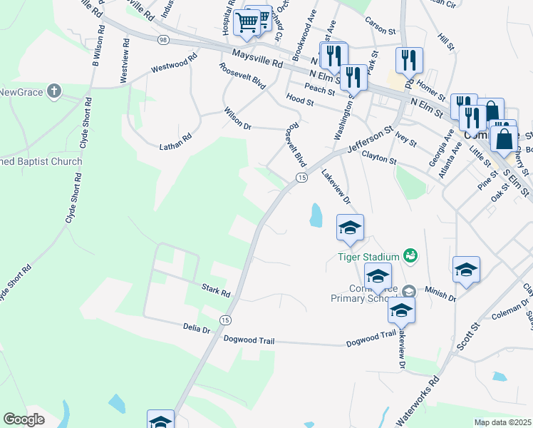 map of restaurants, bars, coffee shops, grocery stores, and more near 8569 Jefferson Road in Commerce