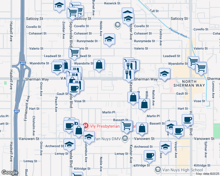 map of restaurants, bars, coffee shops, grocery stores, and more near 15050 Sherman Way in Los Angeles