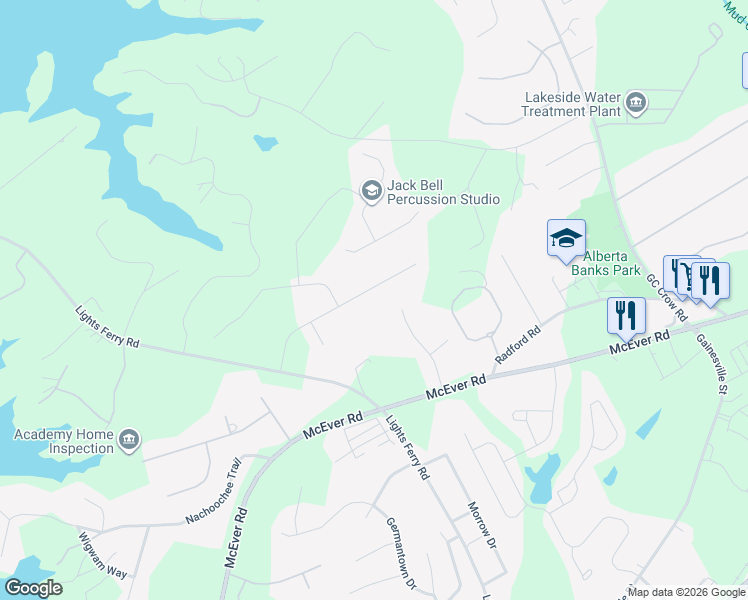 map of restaurants, bars, coffee shops, grocery stores, and more near 6256 Cove Creek Drive in Flowery Branch