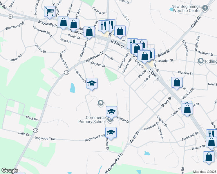 map of restaurants, bars, coffee shops, grocery stores, and more near 180 Parkview Drive in Commerce