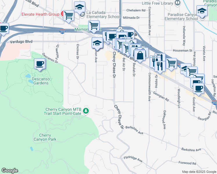 map of restaurants, bars, coffee shops, grocery stores, and more near 4349 Chevy Chase Drive in La Cañada Flintridge