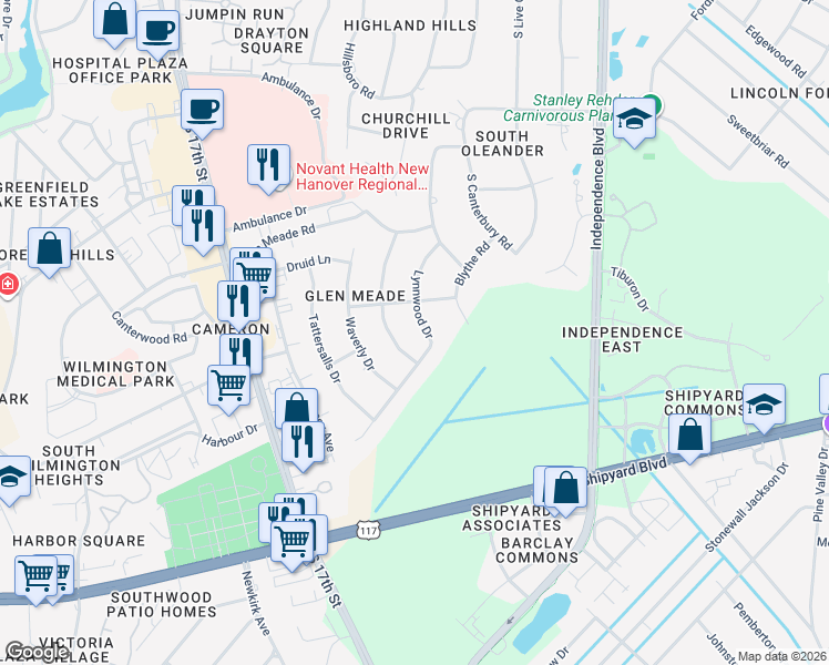map of restaurants, bars, coffee shops, grocery stores, and more near 2229 Lynnwood Drive in Wilmington