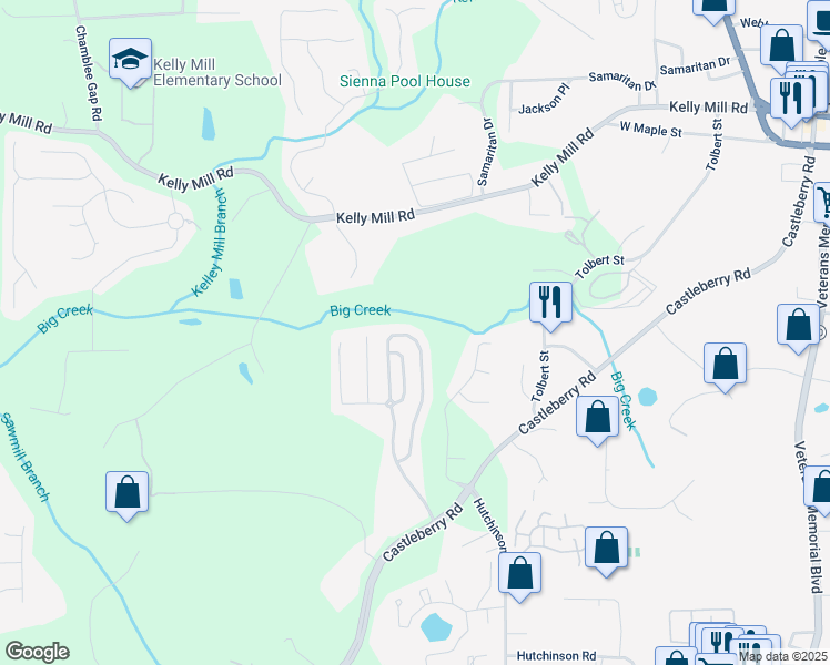 map of restaurants, bars, coffee shops, grocery stores, and more near 3414 Castleberry Village Circle in Cumming