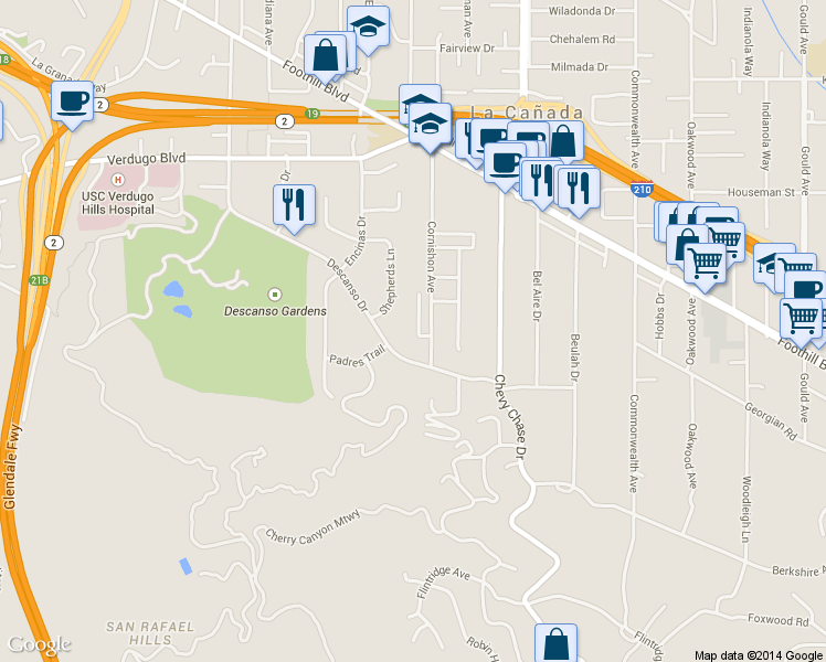 map of restaurants, bars, coffee shops, grocery stores, and more near 4345 Cobblestone Lane in La Cañada Flintridge