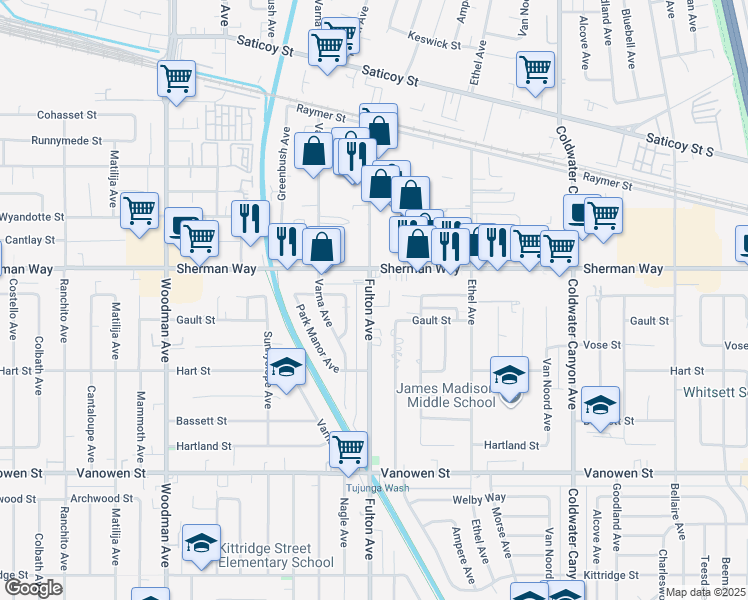 map of restaurants, bars, coffee shops, grocery stores, and more near 7130 Fulton Avenue in Los Angeles