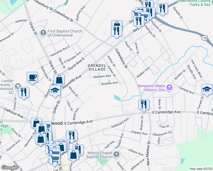 map of restaurants, bars, coffee shops, grocery stores, and more near 203 Smythe Avenue in Greenwood
