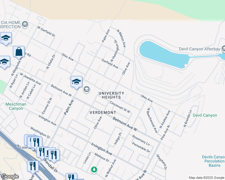 map of restaurants, bars, coffee shops, grocery stores, and more near in San Bernardino