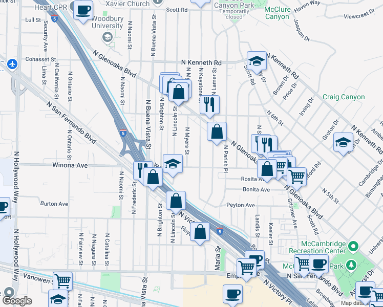 map of restaurants, bars, coffee shops, grocery stores, and more near 2324 North Keystone Street in Burbank