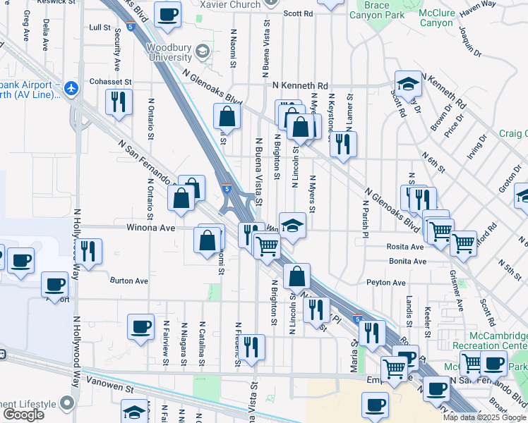 map of restaurants, bars, coffee shops, grocery stores, and more near 2851 North Buena Vista Street in Burbank