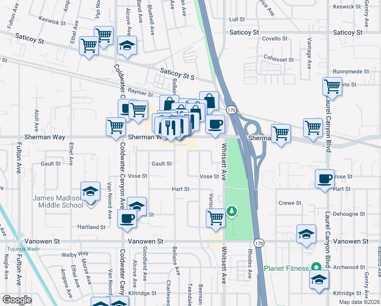 map of restaurants, bars, coffee shops, grocery stores, and more near 7125 Teesdale Avenue in Los Angeles