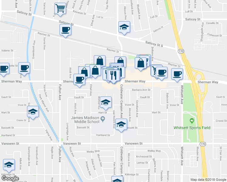 map of restaurants, bars, coffee shops, grocery stores, and more near 7133 Coldwater Canyon Avenue in Los Angeles
