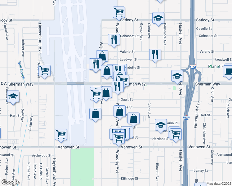 map of restaurants, bars, coffee shops, grocery stores, and more near 7117 Woodley Avenue in Los Angeles