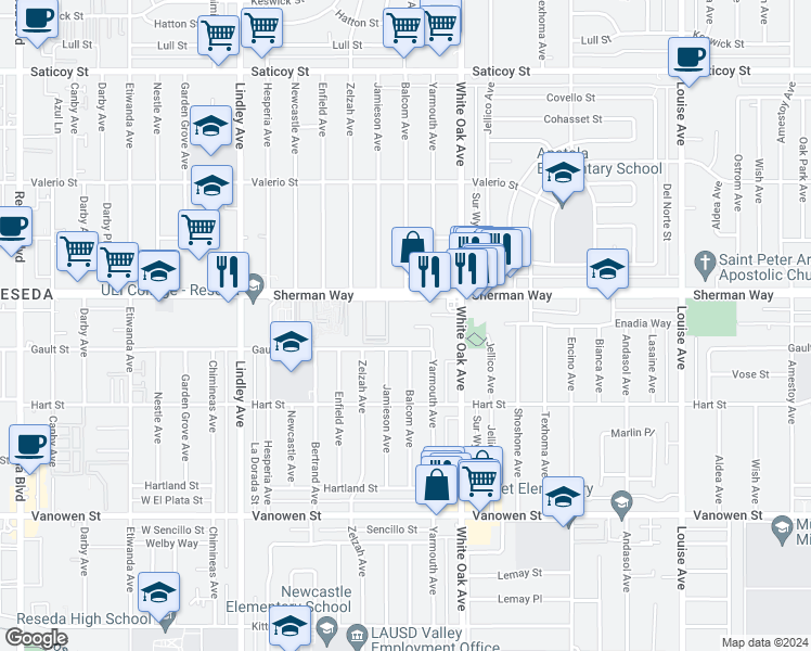 map of restaurants, bars, coffee shops, grocery stores, and more near 17760-17766 Sherman Way in Los Angeles
