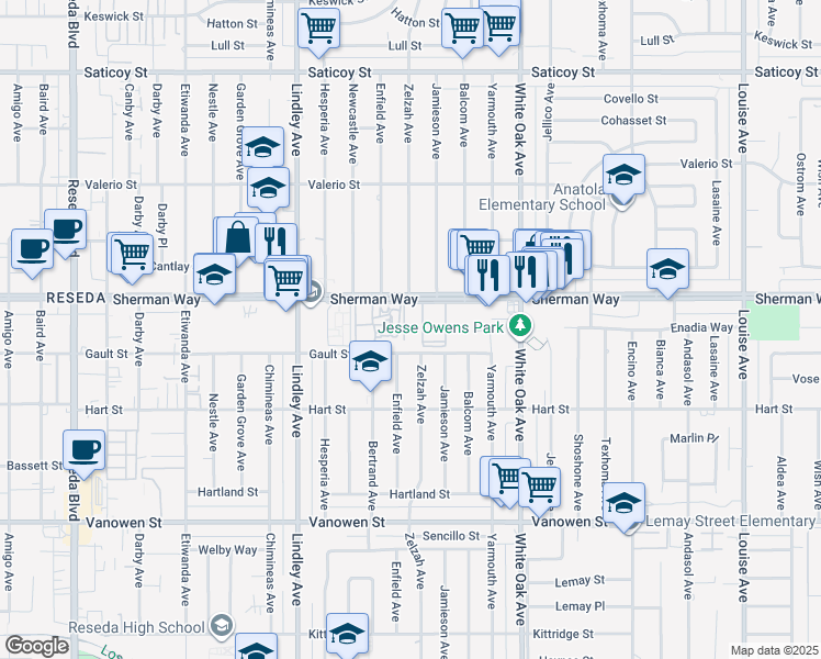 map of restaurants, bars, coffee shops, grocery stores, and more near 17830 Sherman Way in Los Angeles