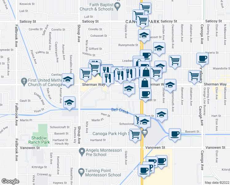 map of restaurants, bars, coffee shops, grocery stores, and more near 7124 Farralone Avenue in Los Angeles