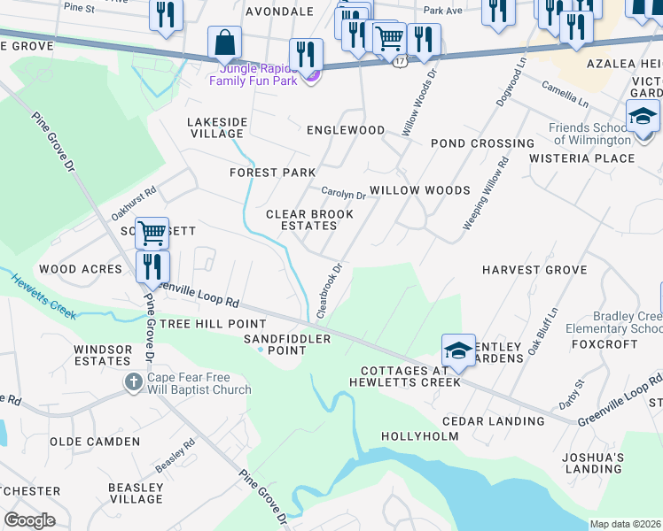 map of restaurants, bars, coffee shops, grocery stores, and more near 502 Clearbrook Drive in Wilmington