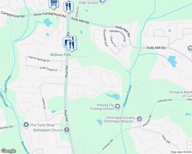 map of restaurants, bars, coffee shops, grocery stores, and more near 5345 Jonathans Way in Cumming