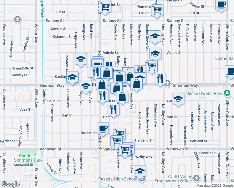 map of restaurants, bars, coffee shops, grocery stores, and more near 7125 Darby Avenue in Los Angeles
