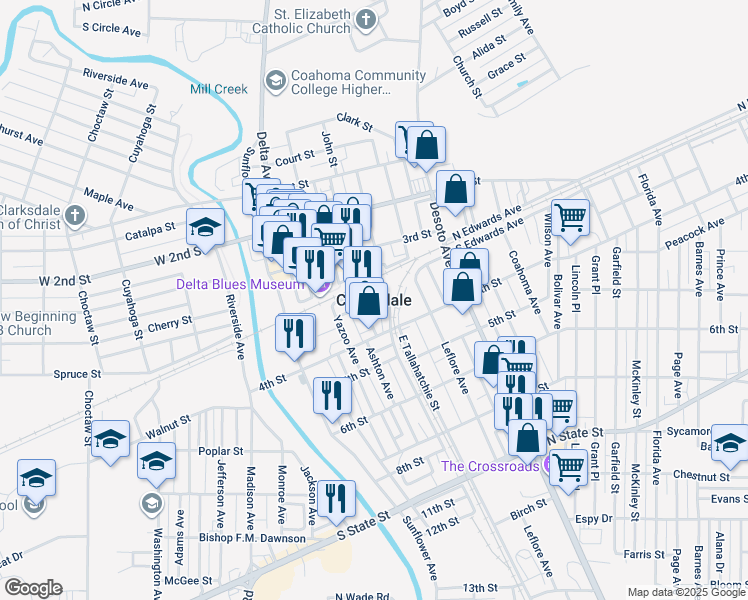 map of restaurants, bars, coffee shops, grocery stores, and more near in Clarksdale