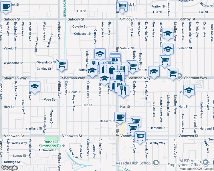 map of restaurants, bars, coffee shops, grocery stores, and more near 7131 Baird Avenue in Los Angeles