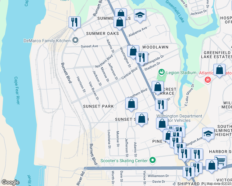 map of restaurants, bars, coffee shops, grocery stores, and more near 2125 Monroe Street in Wilmington