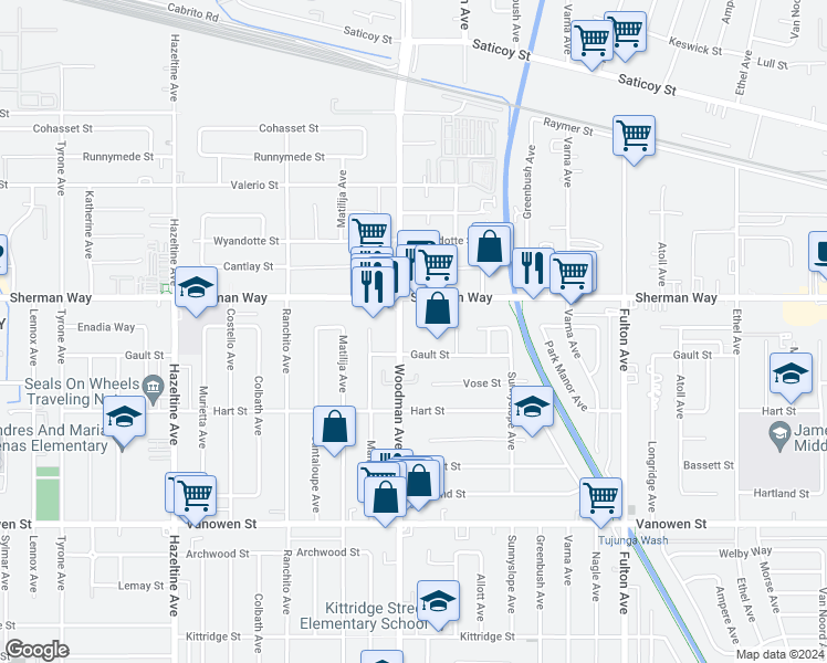 map of restaurants, bars, coffee shops, grocery stores, and more near 7124 Woodman Avenue in Los Angeles