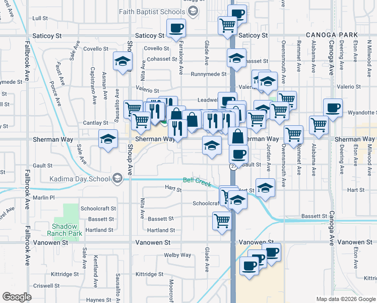 map of restaurants, bars, coffee shops, grocery stores, and more near 7132 Farralone Avenue in Los Angeles