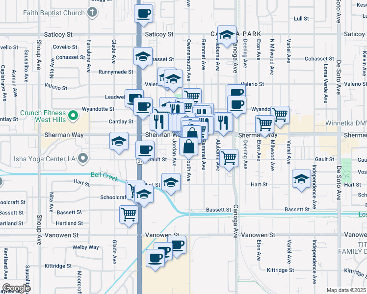 map of restaurants, bars, coffee shops, grocery stores, and more near 7129 Owensmouth Avenue in Los Angeles