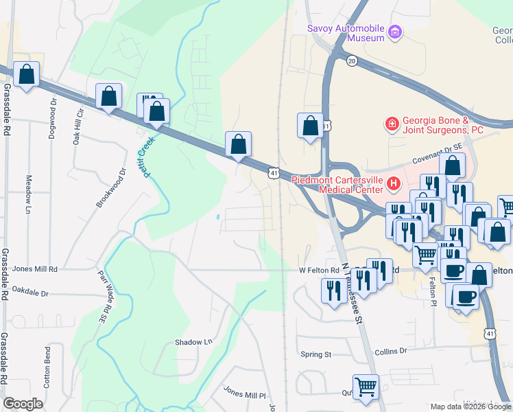 map of restaurants, bars, coffee shops, grocery stores, and more near 106 Silver Star Way in Cartersville