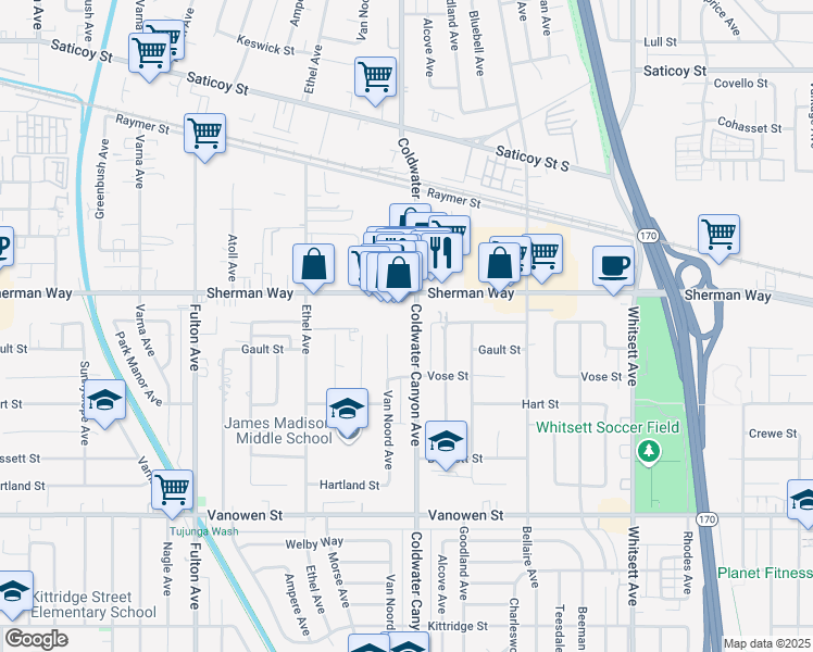 map of restaurants, bars, coffee shops, grocery stores, and more near 7127 Coldwater Canyon Avenue in Los Angeles