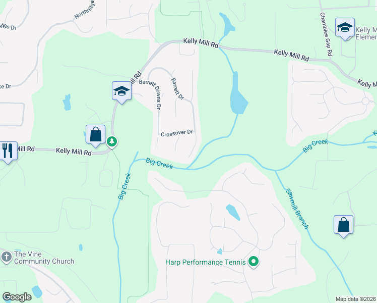 map of restaurants, bars, coffee shops, grocery stores, and more near 2260 Barrett Drive in Cumming