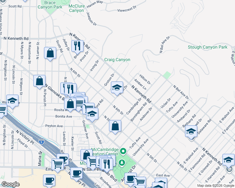 map of restaurants, bars, coffee shops, grocery stores, and more near 2001 Karen Street in Burbank