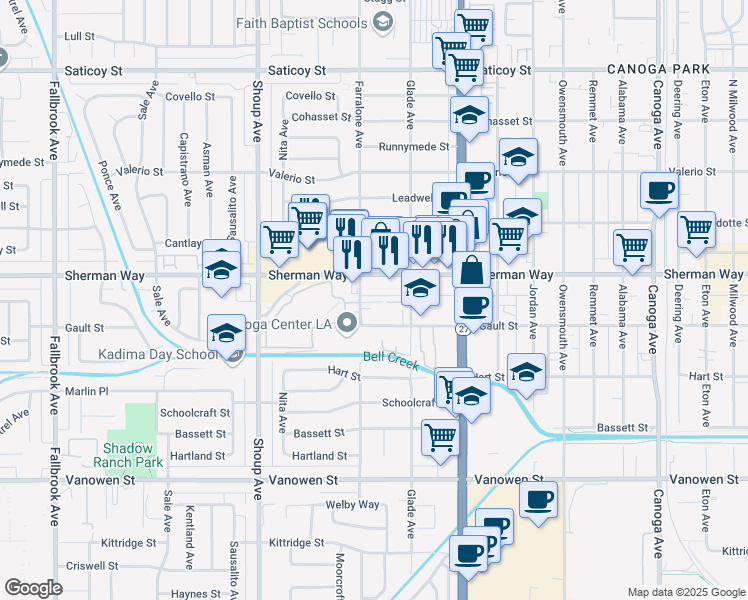 map of restaurants, bars, coffee shops, grocery stores, and more near 7124 Farralone Avenue in Los Angeles
