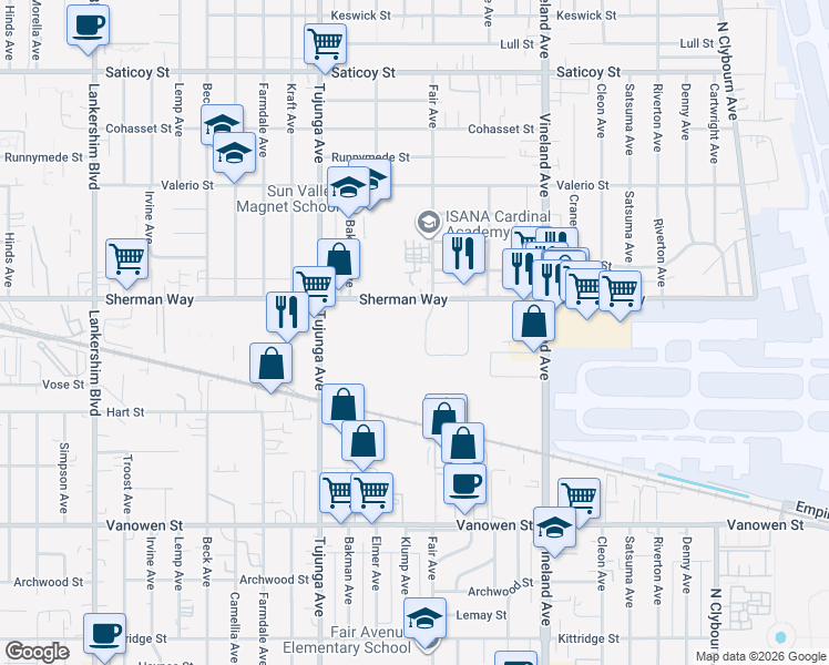 map of restaurants, bars, coffee shops, grocery stores, and more near 7119 Fair Avenue in Los Angeles