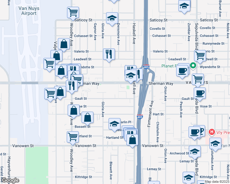 map of restaurants, bars, coffee shops, grocery stores, and more near 15811 Gault Street in Los Angeles