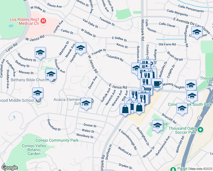 map of restaurants, bars, coffee shops, grocery stores, and more near 8 West Janss Road in Thousand Oaks