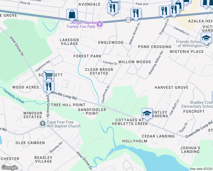 map of restaurants, bars, coffee shops, grocery stores, and more near 502 Clearbrook Drive in Wilmington