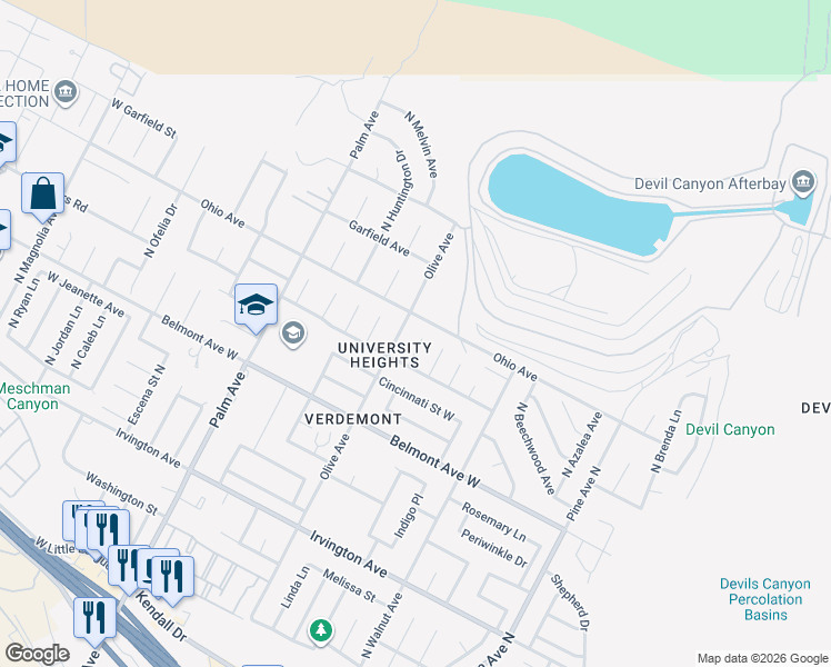 map of restaurants, bars, coffee shops, grocery stores, and more near 6550 N Youngstown Ln in San Bernardino