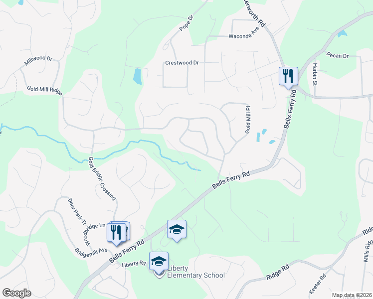 map of restaurants, bars, coffee shops, grocery stores, and more near 337 Downing Creek Trail in Canton
