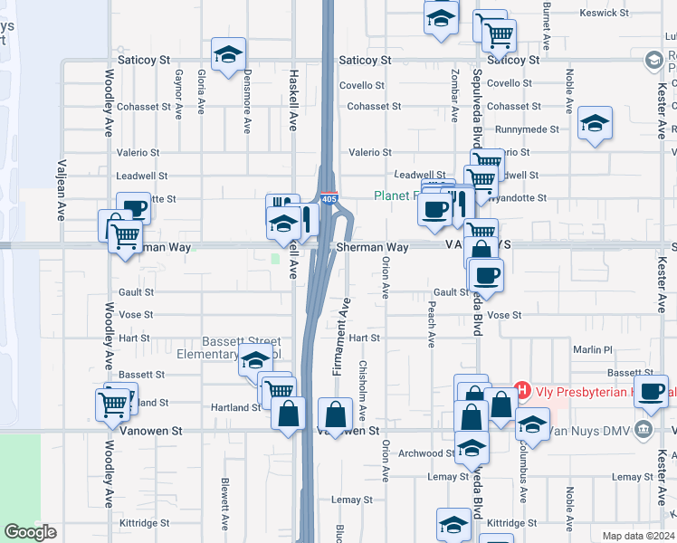 map of restaurants, bars, coffee shops, grocery stores, and more near 7135 Firmament Avenue in Los Angeles